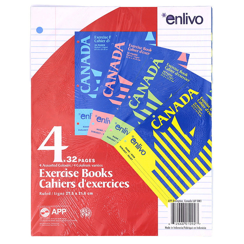 Enlivo Canada Exercise Notebooks Ruled 32 Pages 3-Hole Punched 4/pkg