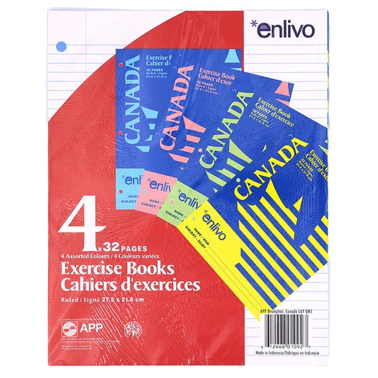 Enlivo Canada Exercise Notebooks Ruled 32 Pages 3-Hole Punched 4/pkg