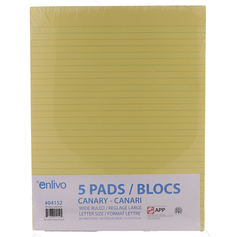 Enlivo Wide Ruled Writing Pads Canary 80 sheets/pad 5 pads/pkg