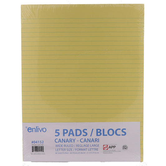 Enlivo Wide Ruled Writing Pads Canary 80 sheets/pad 5 pads/pkg