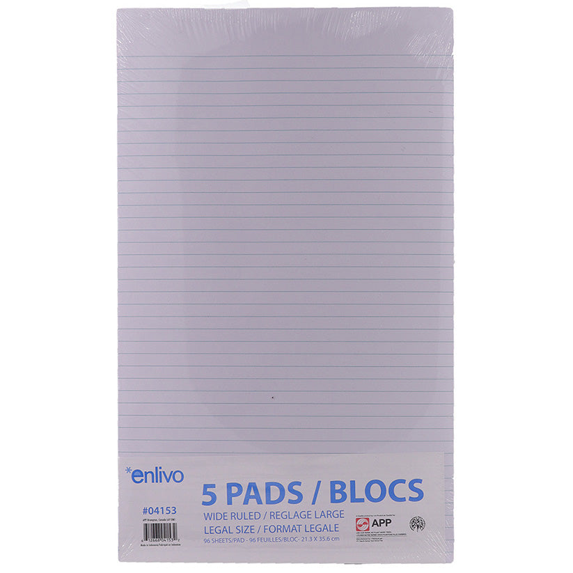 Enlivo Wide Ruled Writing Pads White 96 sheets/pad 5 pads/pkg