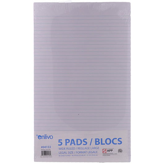 Enlivo Wide Ruled Writing Pads White 96 sheets/pad 5 pads/pkg